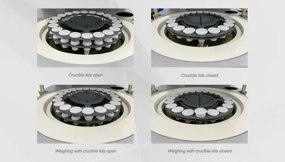 Thermogravimetric Analyzer (TGA) with different configurations of its crucibles and lids
