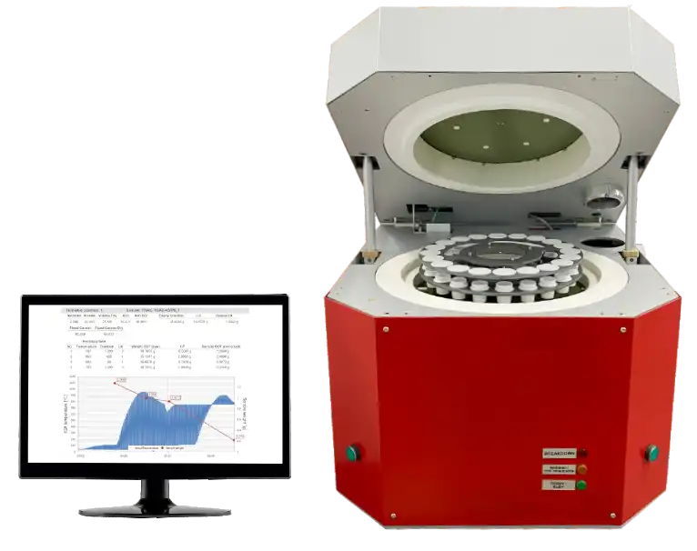 Sylab TGA 3000 Thermogravimetric Analyzer (TGA). This automated instrument is used for material analysis, particularly for determining various components in organic, inorganic, and synthetic materials.